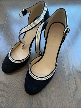 J. Crew Black Suede Ankle-Strap Pumps with Metallic Trim